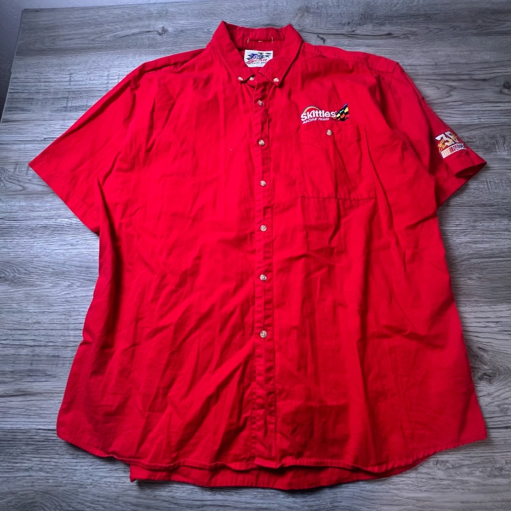 Track Gear Skittle Racing Team Shirt Men XXL Red NASCAR Button Down Short Sleeve